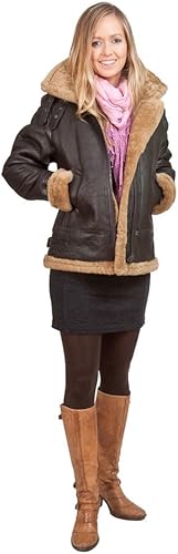 Women's Brown Hooded Sheepskin Flying Leather Jacket with Cream Fur