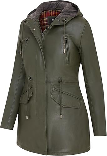 Women's Leather Hooded Parker Jacket Multi-Pocket Trench Coat