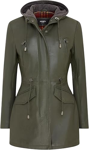 Women's Leather Hooded Parker Jacket Multi-Pocket Trench Coat