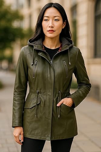 Women's Leather Hooded Parker Jacket Multi-Pocket Trench Coat