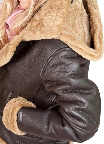 Women's Brown Hooded Sheepskin Flying Leather Jacket with Cream Fur