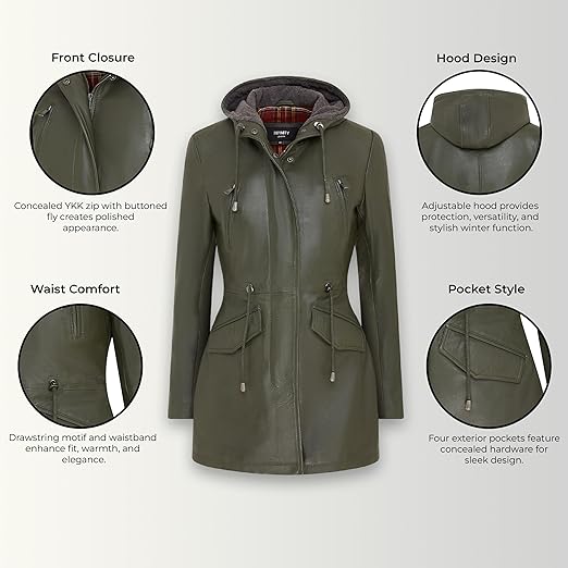 Women's Leather Hooded Parker Jacket Multi-Pocket Trench Coat