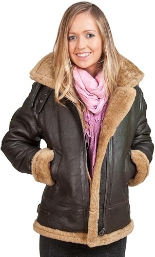 Women's Brown Hooded Sheepskin Flying Leather Jacket with Cream Fur