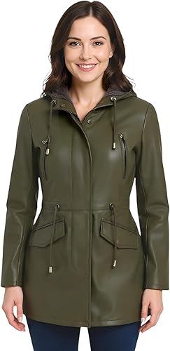 Women's Leather Hooded Parker Jacket Multi-Pocket Trench Coat