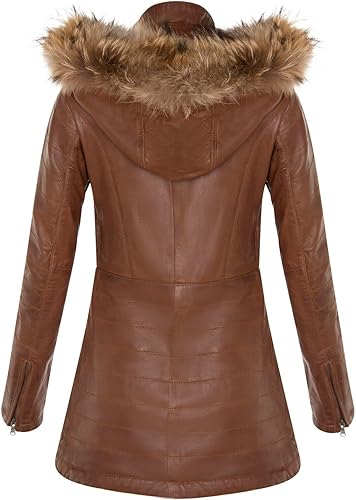 Women's Leather Parka Jacket Quilted Detachable Hooded Trench Coat