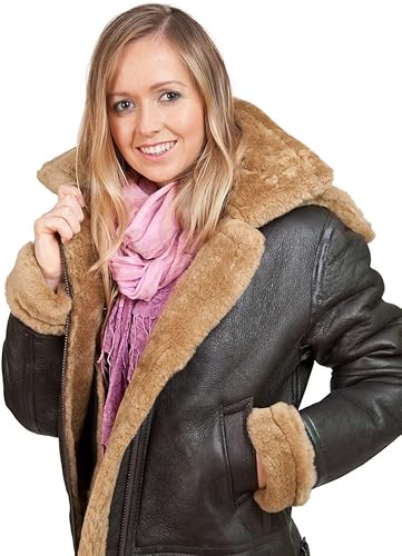 Women's Brown Hooded Sheepskin Flying Leather Jacket with Cream Fur
