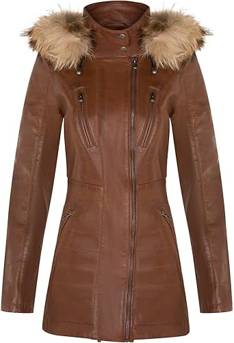 Women's Leather Parka Jacket Quilted Detachable Hooded Trench Coat