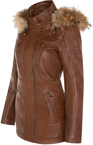 Women's Leather Parka Jacket Quilted Detachable Hooded Trench Coat