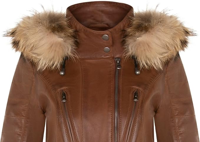 Women's Leather Parka Jacket Quilted Detachable Hooded Trench Coat